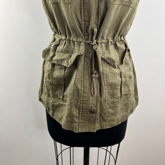 LOVE TREE Olive Green Linen Sleeveless Cinched Waist Military Hooded Vest Top S? - Picture 4 of 6